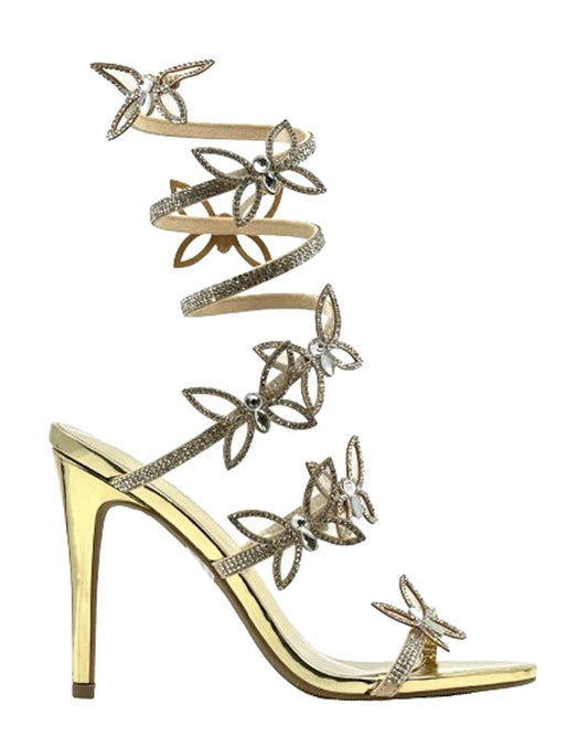 Wild Diva Women Rhinestone Butterfly Spiral Wrap Around High Heel Sandals Berlin-527 Gold Pu 9