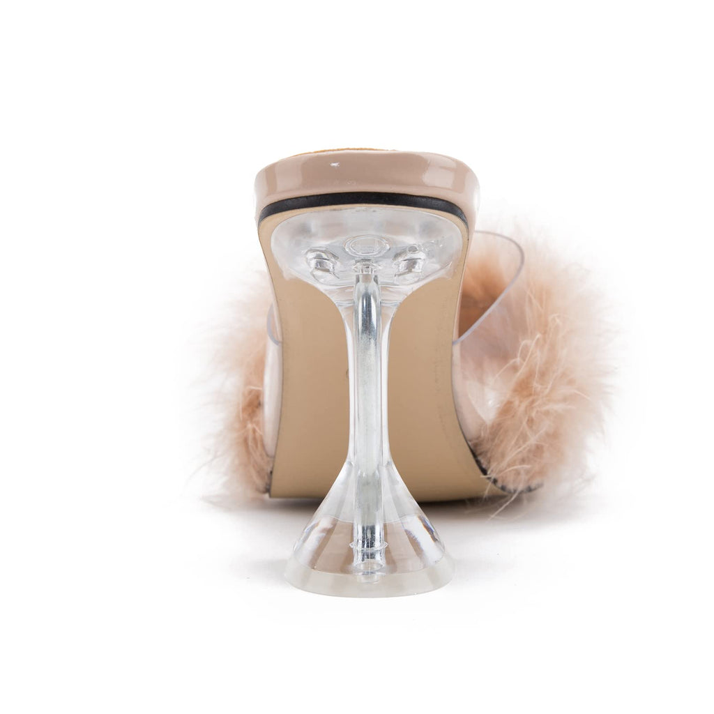 LIURUIJIA Feather High Heel Mules Sandals for Women Slip On Square Toe Clear Tapered Chunky Heels Fuzzy Fluffy Bridal Wedding Party Sexy Shoes Nude