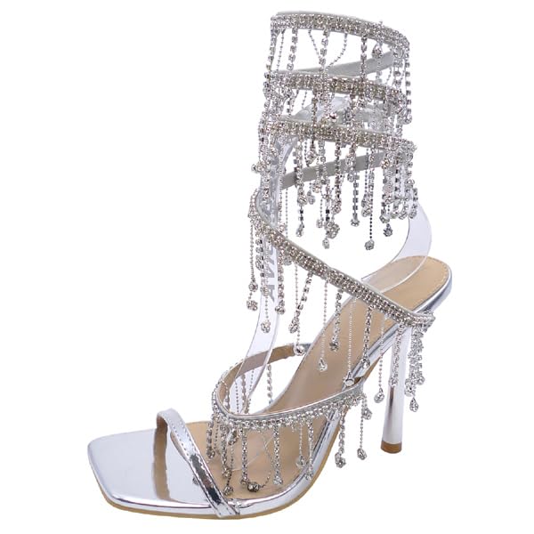 Wild Diva Women's Narala-51 Chandelier Embellished Rhinestone Spiral Coil Wrap Around Stiletto Heels (Silver PU, US Footwear Size System, Adult, Women, Numeric, Medium, 8)
