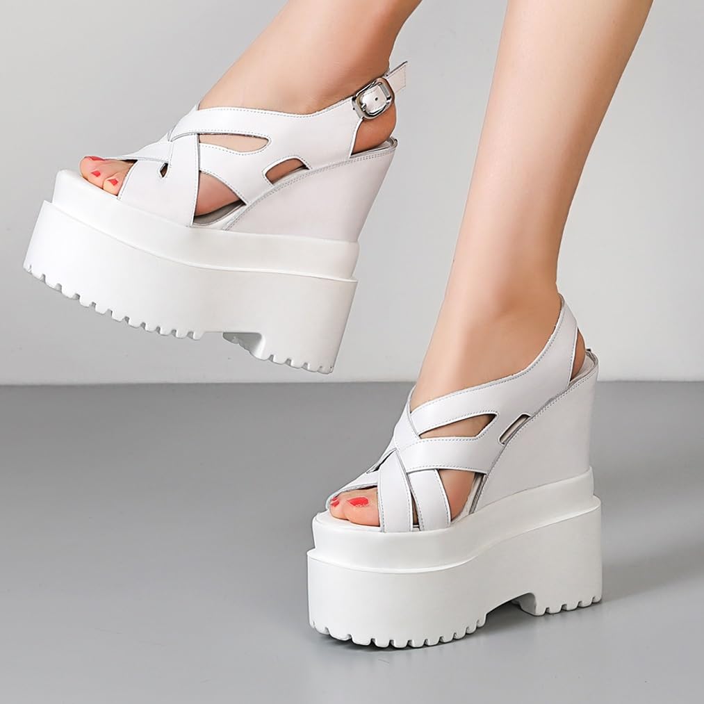 Loonglue Summer New Retro Super High Wedges Heels Platform Peep Toe Cross-tied Buckle Strap Genuine Leather Women Gladiator Sandals 240306