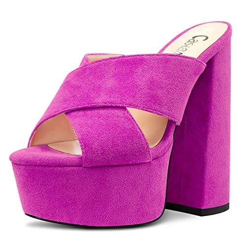 Castamere Women High Chunky Block Platform Heel Peep Open Toe Slip-on Sandals Casual Dress 5.9 Inches Heels Fuchsia 8.5 M US