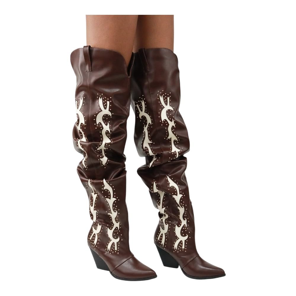 LEMONADE Women Over the Knee Thigh High Cowboy Boots, Chunky Block Heel Studded Slouch Cowgirl Western Boots Sending West Brown 9