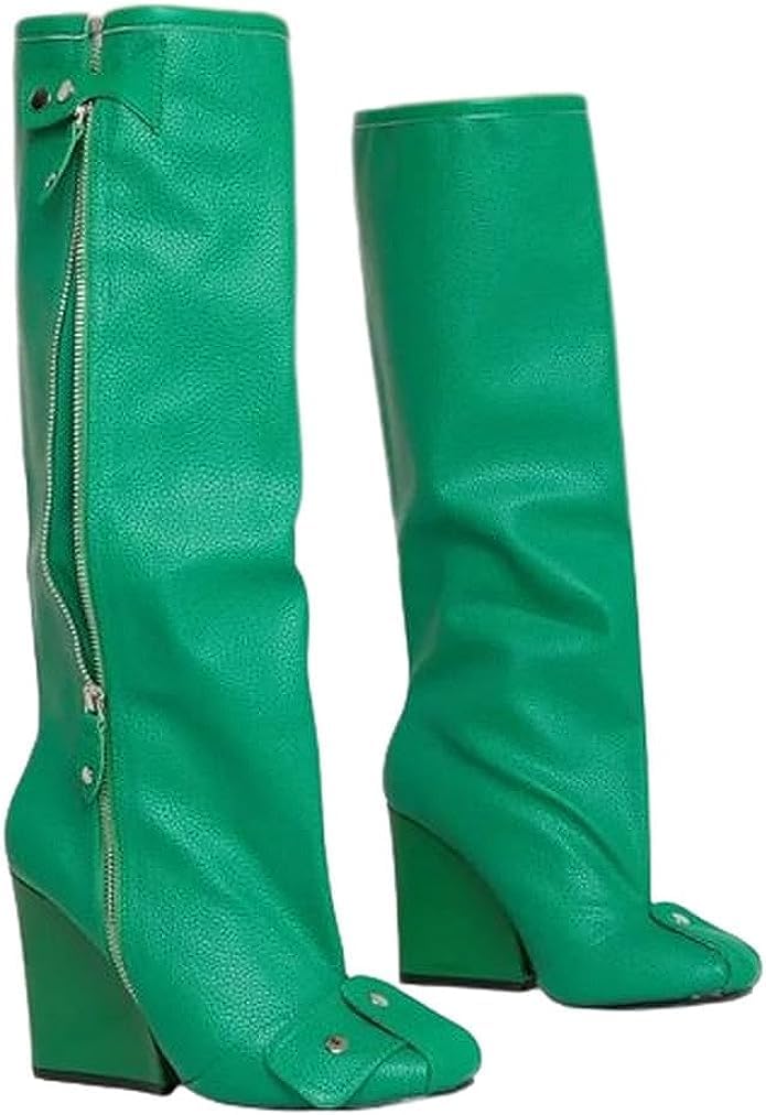 Lemonade Women's Buckle Detail Square Toe Wedge Heel Knee High Long Boot﻿ Senna Green