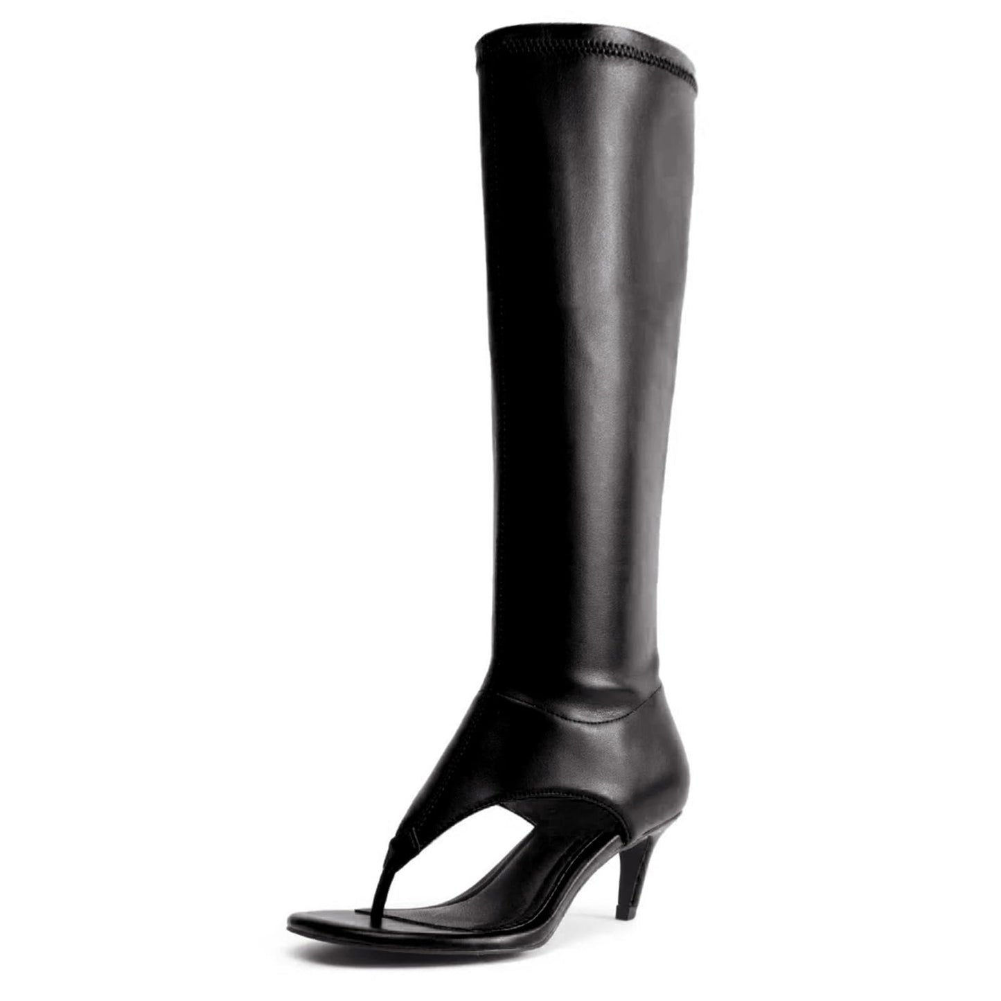 ZJGZF Black Thong Sandals for Women Kitten Heel Knee High Boots Open Toe Flip Flop High Heel Boots Gogo Boot