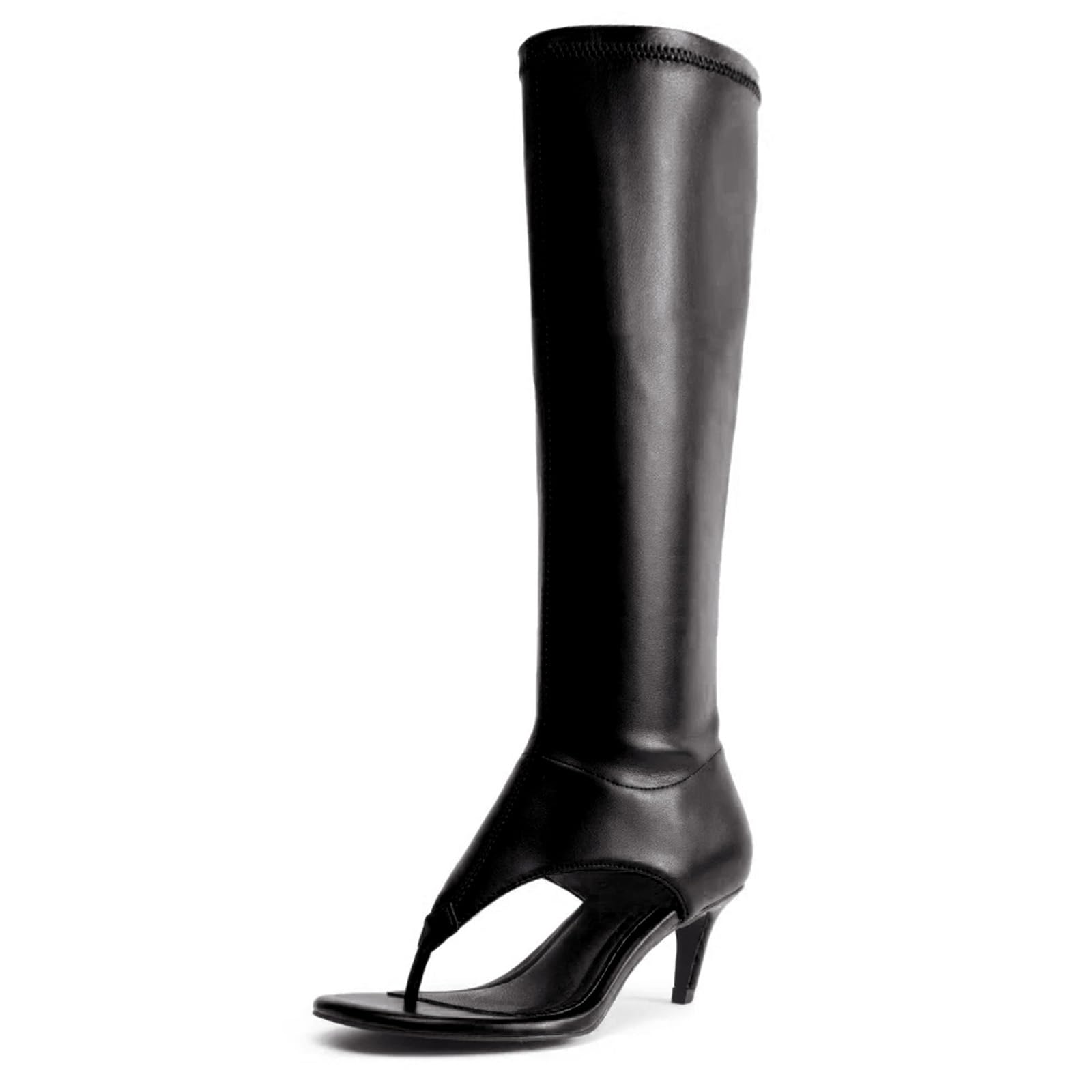ZJGZF Black Thong Sandals for Women Kitten Heel Knee High Boots Open Toe Flip Flop High Heel Boots Gogo Boot
