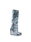 LEMONADE Women's Buckle Detail Square Toe Wedge Heel Knee High Long Boot﻿ Senna Silver