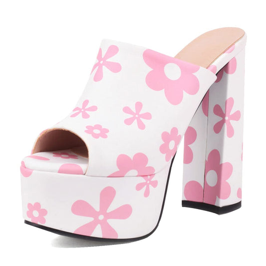 CoceMoce Gorgeous Thick Chunky Heel Slide Sandals for Women White Pink Floral Peep Toe Platform Slip-on Backless High Heeled Mules Dressy Shoes Club Party Events Prom Size 8 US