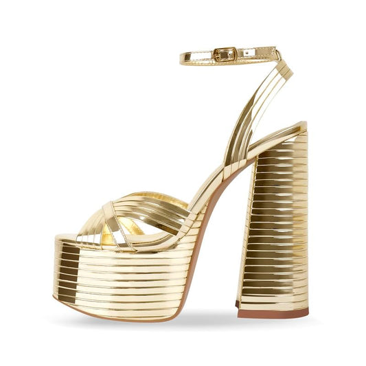 Onlymaker Gold Platform Heels for Women Sexy Ankle Strap Chunky High Heeled Sandals Sparkly Metallic Leather 5 inch High Block Heel Fashion Party Prom Dressy Platform Chunky Heels Size 8