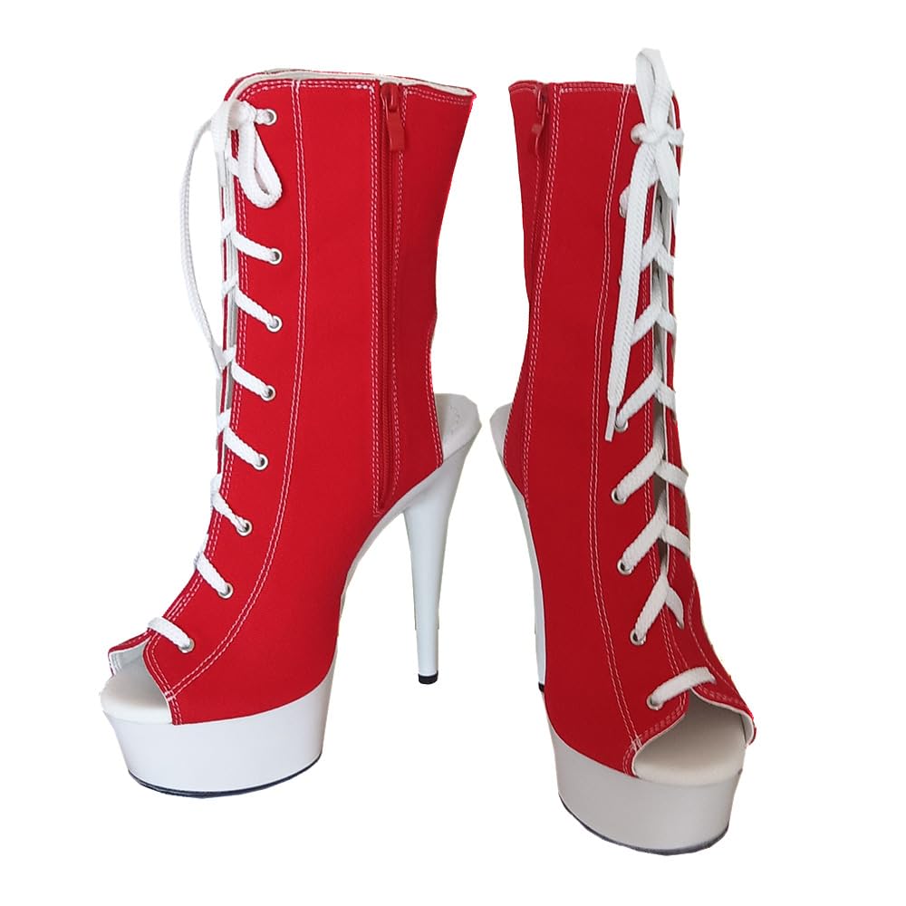 denova's Women's Canvas Very High Heel Lace Up Platform Pole Dance Ankle Boot with Zipper (12,red 4)
