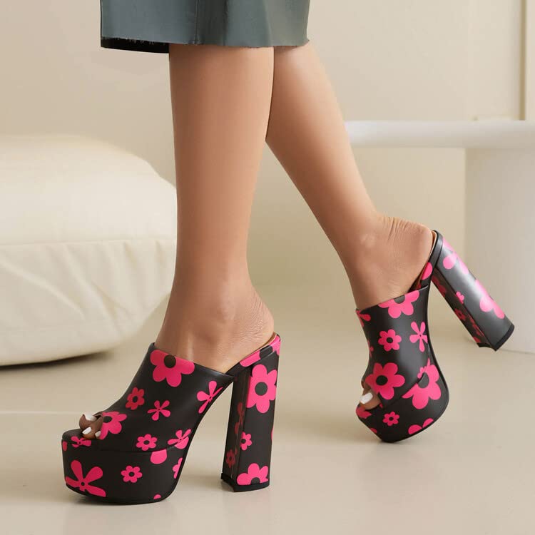 CoceMoce Gorgeous Thick Chunky Heel Slide Sandals for Women Black Red Floral Peep Toe Platform Slip-on Backless High Heeled Mules Dressy Shoes Club Party Events Prom