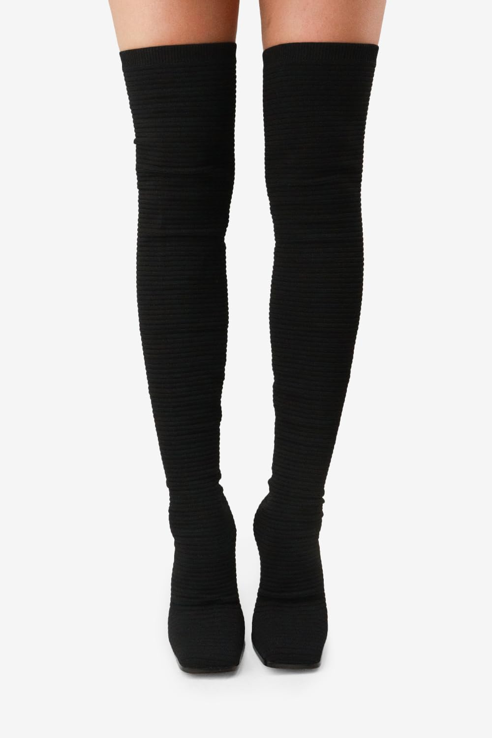 Lemonade Women's Over The Knee Heels Boots High Heel Stretch Knit Pointed To Thigh Long Boots -That Girl Black