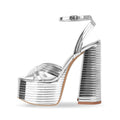 Onlymaker Silver Platform Heels for Women Sexy Ankle Strap Chunky High Heeled Sandals Sparkly Metallic Leather 5 inch High Block Heel Fashion Party Prom Dressy Platform Chunky Heels Size 8