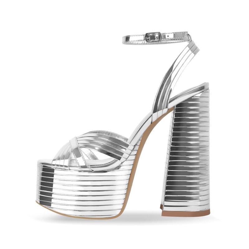 Onlymaker Silver Platform Heels for Women Sexy Ankle Strap Chunky High Heeled Sandals Sparkly Metallic Leather 5 inch High Block Heel Fashion Party Prom Dressy Platform Chunky Heels Size 8