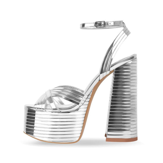Onlymaker Silver Platform Heels for Women Sexy Ankle Strap Chunky High Heeled Sandals Sparkly Metallic Leather 5 inch High Block Heel Fashion Party Prom Dressy Platform Chunky Heels Size 8