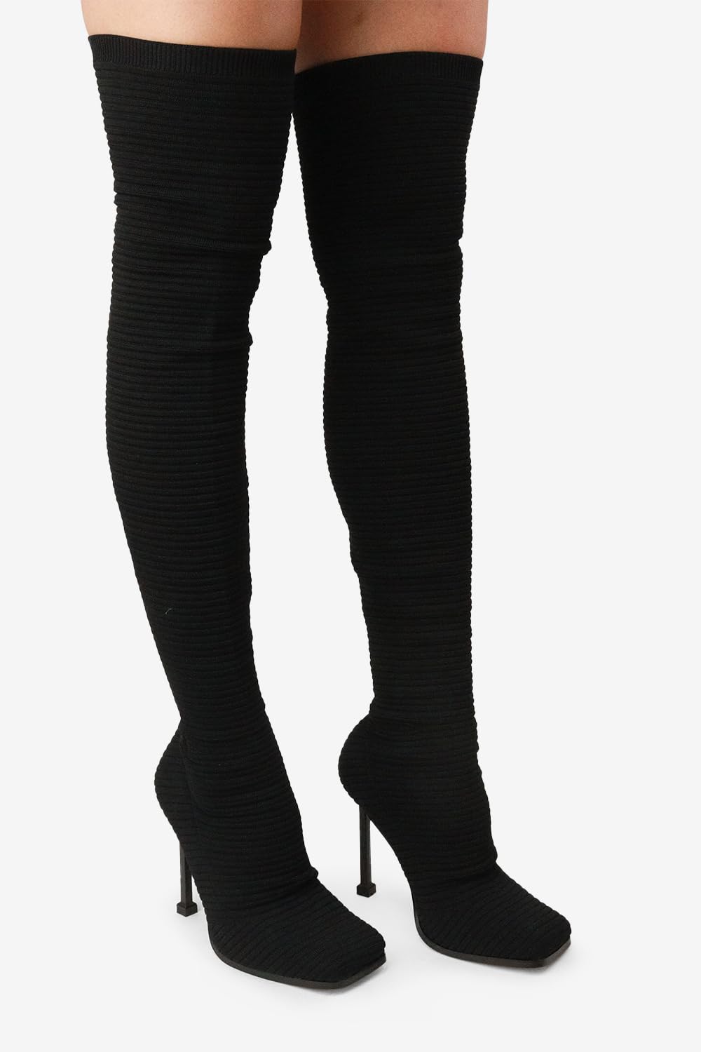 Lemonade Women's Over The Knee Heels Boots High Heel Stretch Knit Pointed To Thigh Long Boots -That Girl Black
