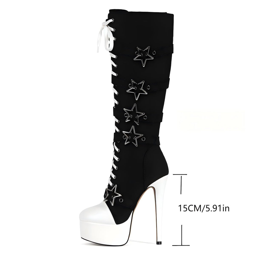 Feinlina Women's Canvas Knee High Round Toe Boots Y2K Gothic Punk Lace Up Platform Stiletto Heels Club Party Booties with Star Buckle,Black