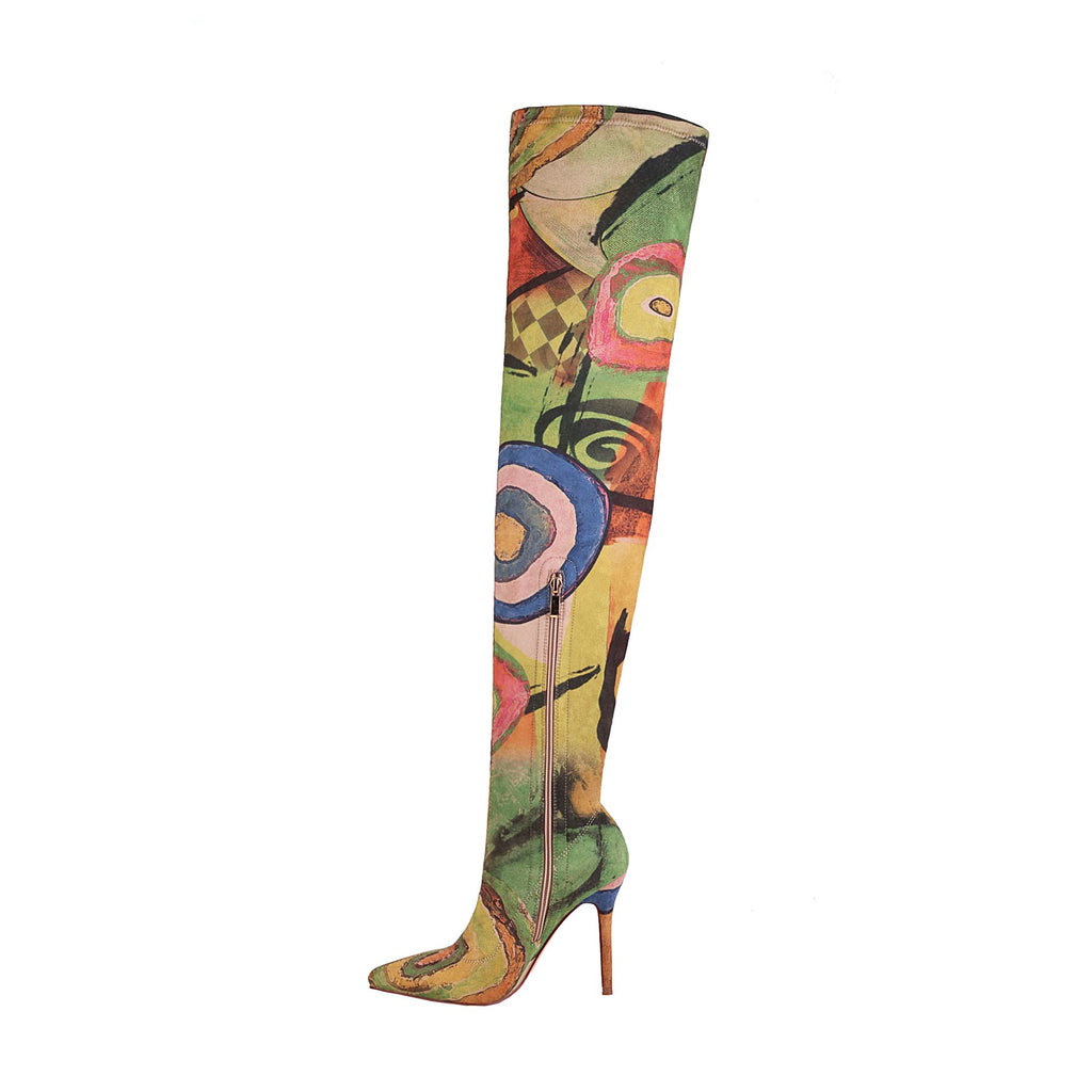 vivianly Women's Sexy Printed Stretchy Thigh High Boots Pointy Toe Stiletto Heel Booties Over The Knee High Heel Boot Size 7