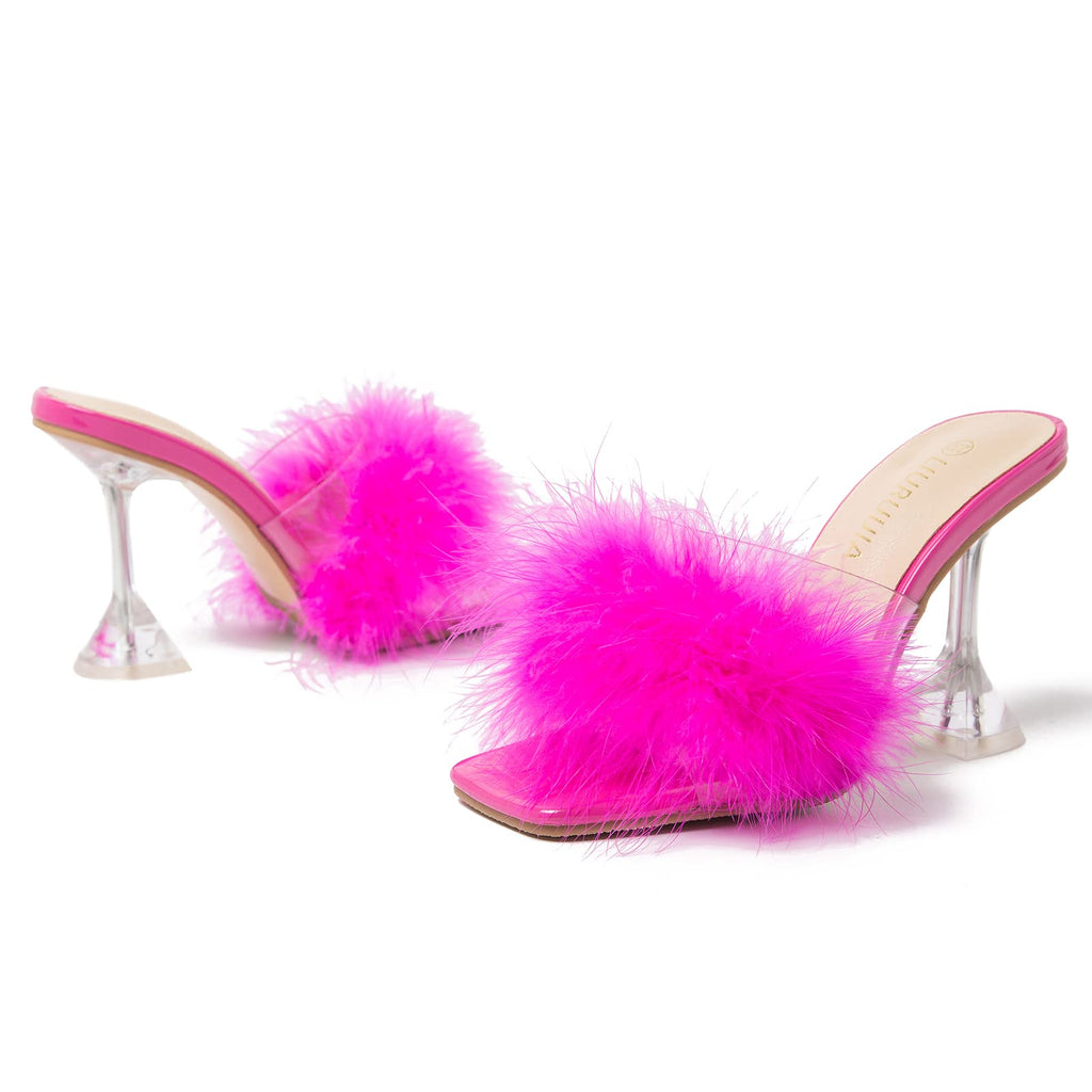 LIURUIJIA Women's Square Toe Feather Fluffy Fuzzy Heels High Heeled Dress Sandals Wedding Bridal Party Shoes Hot pink