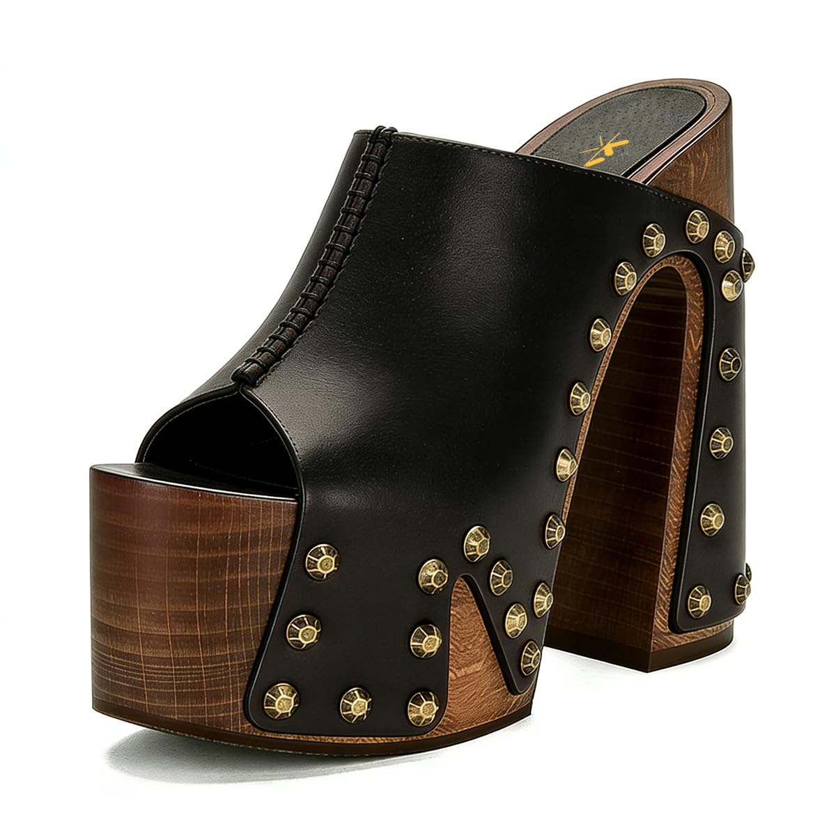 XYD Women Wooden Chunky Heel Mules Platform Bronzed Studs Open Toe Block Sandals Vintage Parties Shoes (Size 7.5, Black)