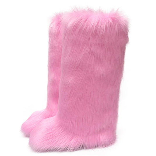 Valpeak Womens Faux Fur Boot Winter Fluffy Long Furry Boots for Girls Outdoor Fuzzy Knee-High Boots Pink
