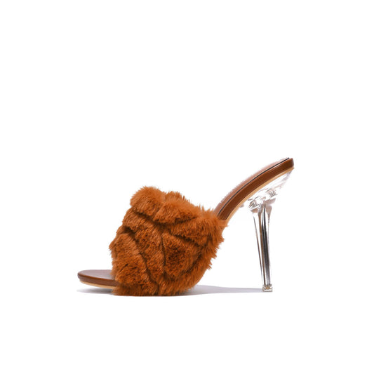Cape Robbin Obrey Women Faux Fur Open Toe Stiletto Mule Heel Sandal (Tan, numeric_7)
