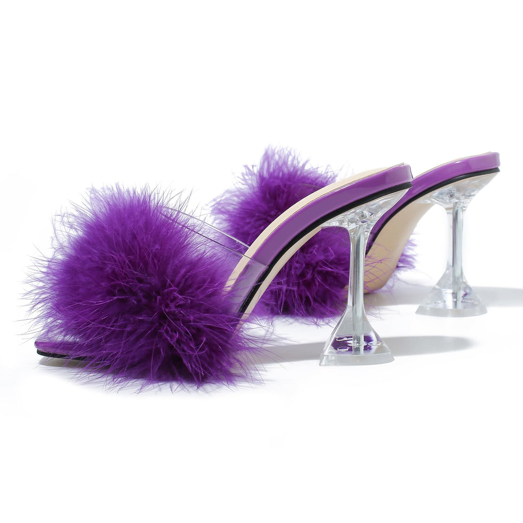 LIURUIJIA Women's Square Toe Feather Fluffy Fuzzy Heels High Heeled Dress Sandals Wedding Bridal Party Shoes Purple