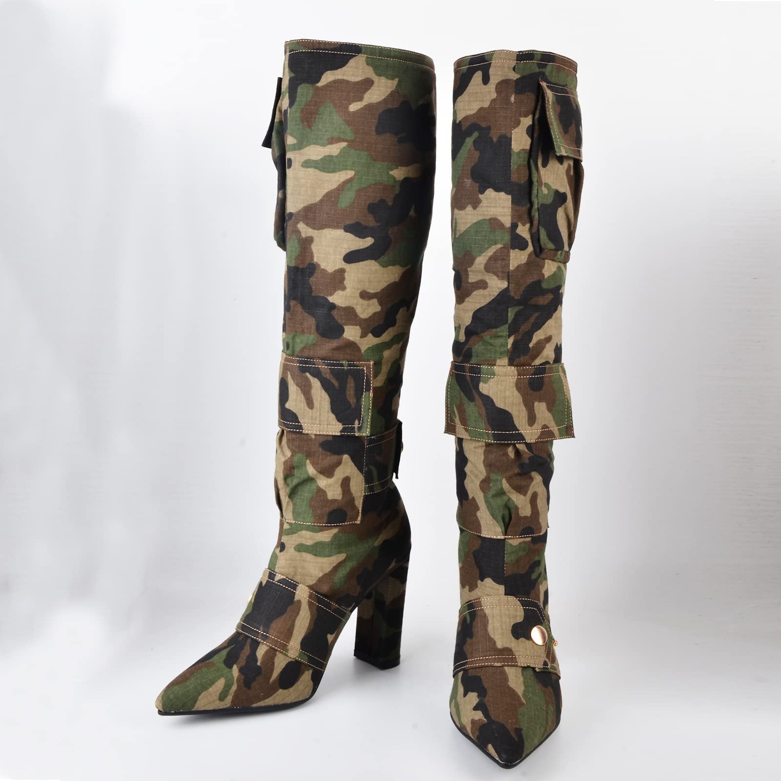 Arqa Women's Camo Knee High Boots Pointed Toe Block Heel Camouflage Boot with Metal Buttons Multiple Pockets Boot