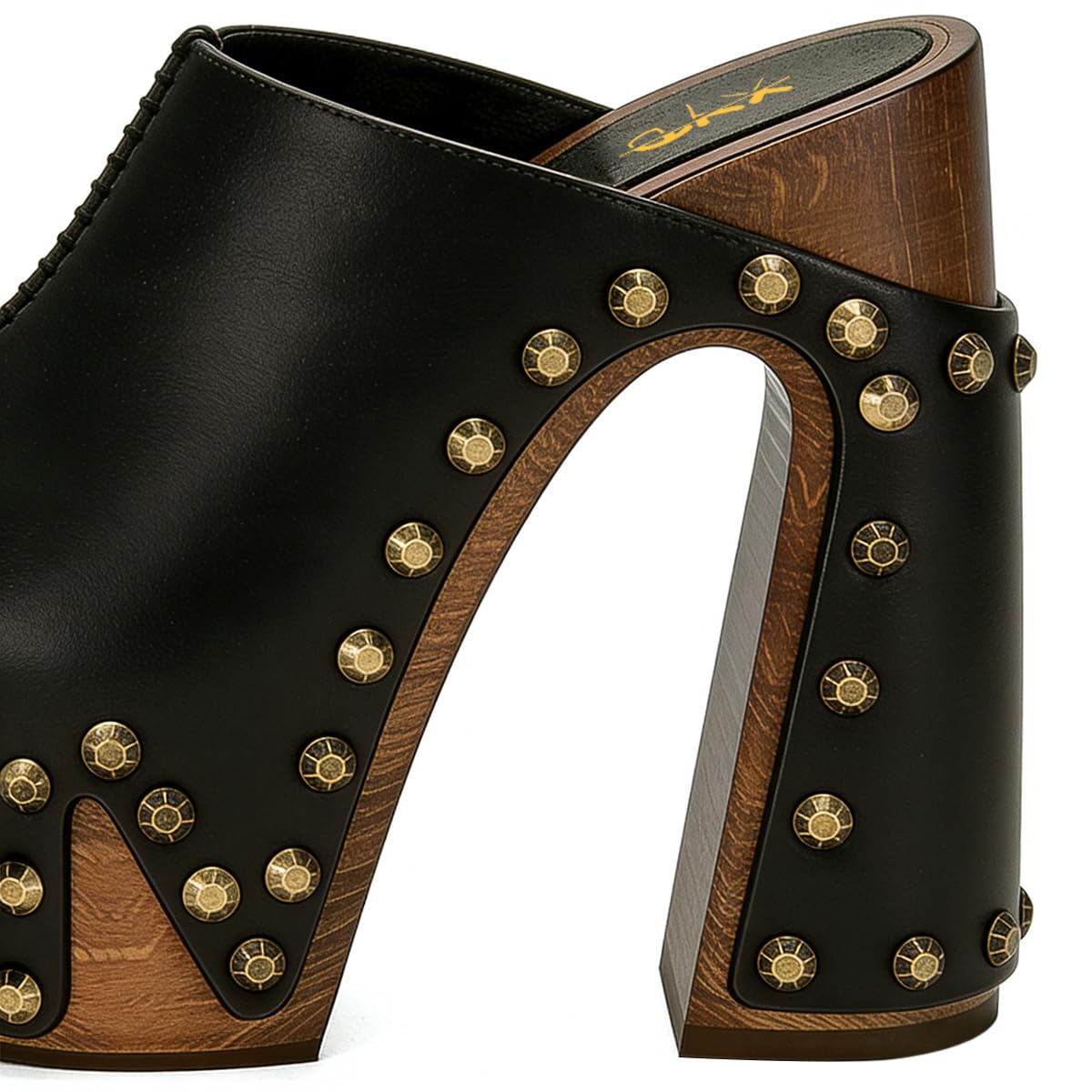 XYD Women Wooden Chunky Heel Mules Platform Bronzed Studs Open Toe Block Sandals Vintage Parties Shoes (Size 7.5, Black)