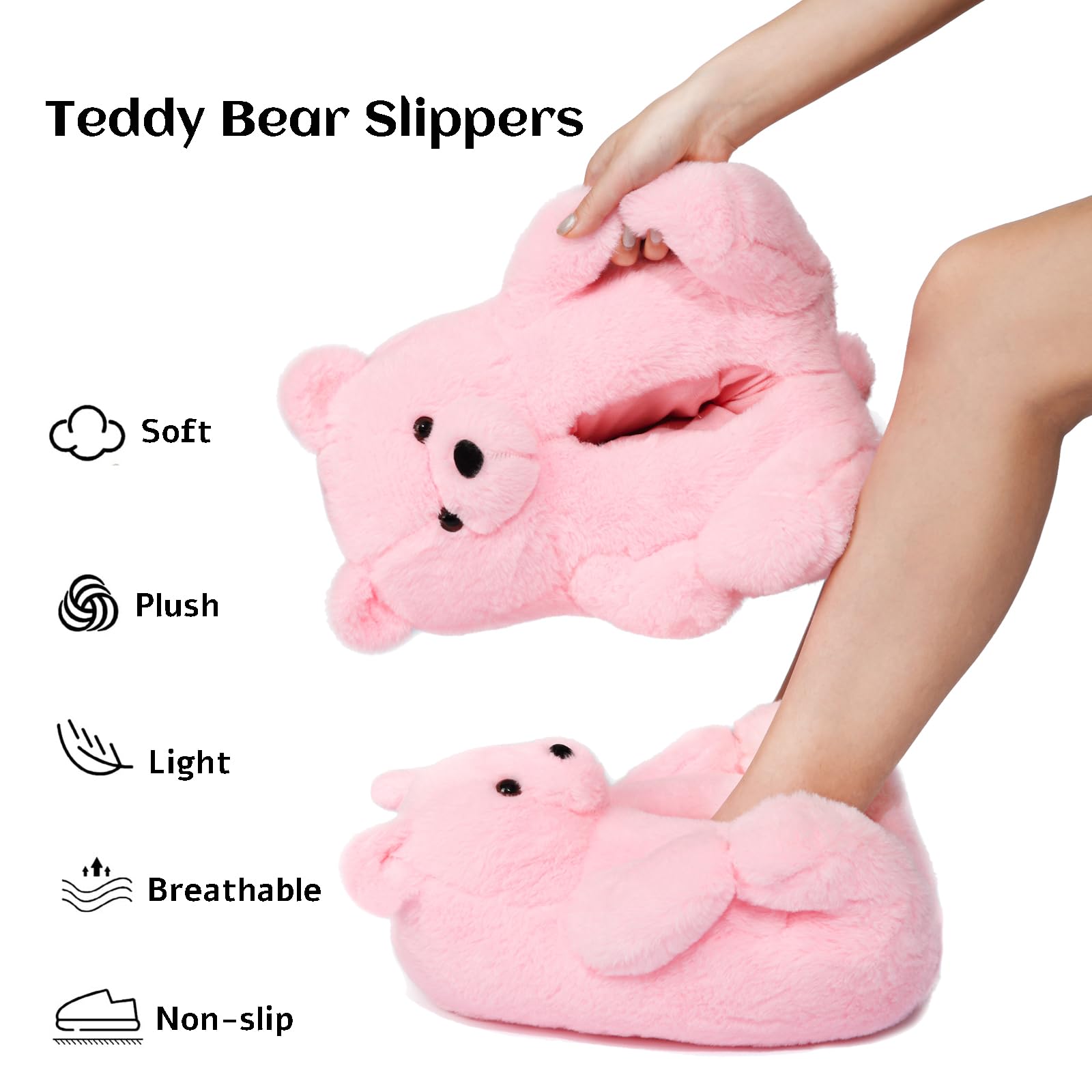 DOVORSY Women's Christmas Teddy Bear Slippers,Winter Fuzzy Cute Indoor House Slippers with Cushion,Pink Fluffy Cartoon Bedroom Shoes,Cozy Warm Gifts for Women,Men,Ladies,Girls (Size 7-11)