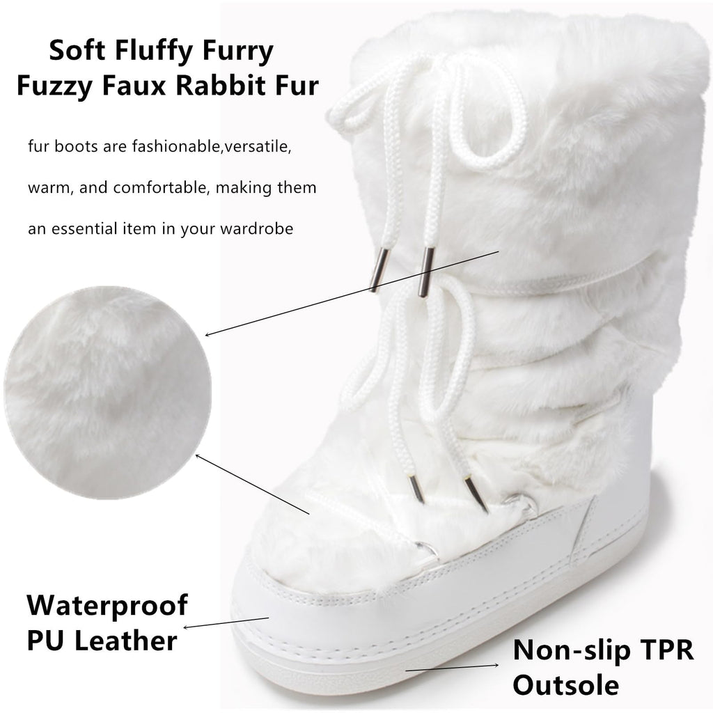 ZHENAIYISHENG Faux Fur Boots for Women - Fuzzy Fluffy Furry Water Resistant Snow Boots for Women - Anti-Slip with Cotton Sponge Lined and TPR Rubber Sole Black White Fur Boots