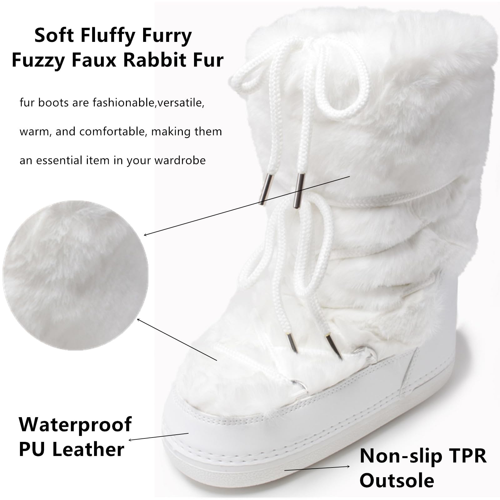 ZHENAIYISHENG Faux Fur Boots for Women - Fuzzy Fluffy Furry Water Resistant Snow Boots for Women - Anti-Slip with Cotton Sponge Lined and TPR Rubber Sole Black White Fur Boots