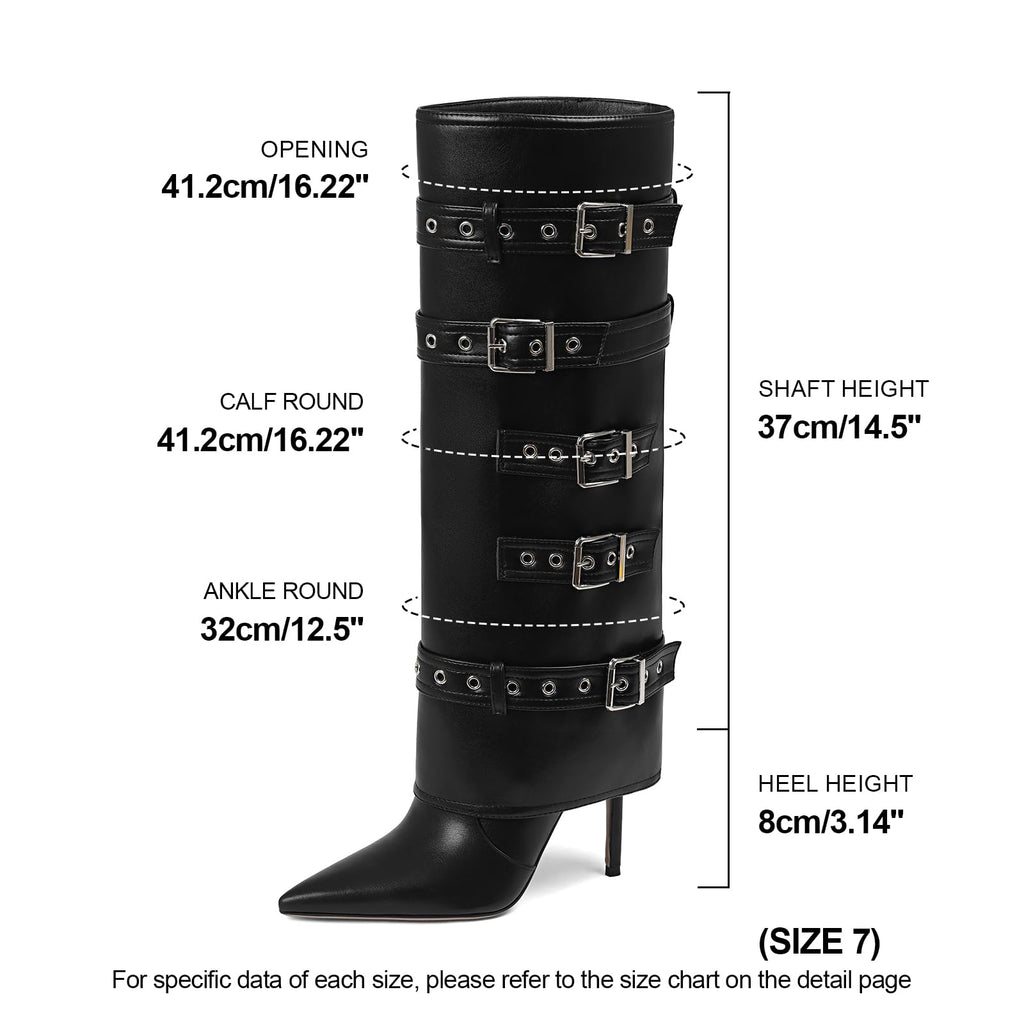 Grakihily Womens Black Boots Knee High Buckle Fold Over Tall Boots Leather Long Slouchy Shark Boot Pointed Toe Stiletto Heel with Zipper,Size, 8.5