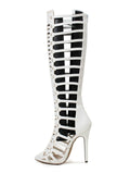 Minishion Gladiator Sandals for Women Tall Heels Stiletto Knee High Summer Boots Shoes TM029 White US 8