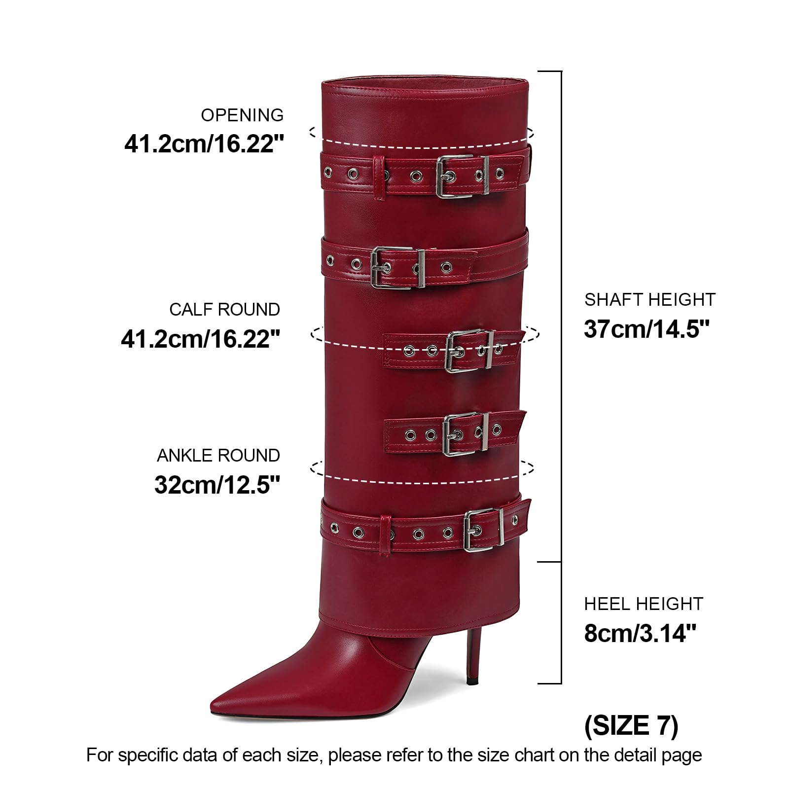 Grakihily Womens Red Boots Knee High Buckle Fold Over Tall Boots Leather Long Slouchy Shark Boot Pointed Toe Stiletto Heel with Zipper,Size, 8.5