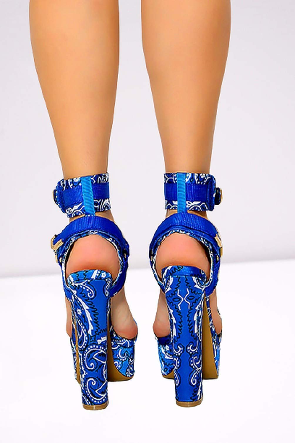 Mata Shoes Women's Open Toe Strappy Chunky Platform High Heel Sandals Blue Bandana 6.5