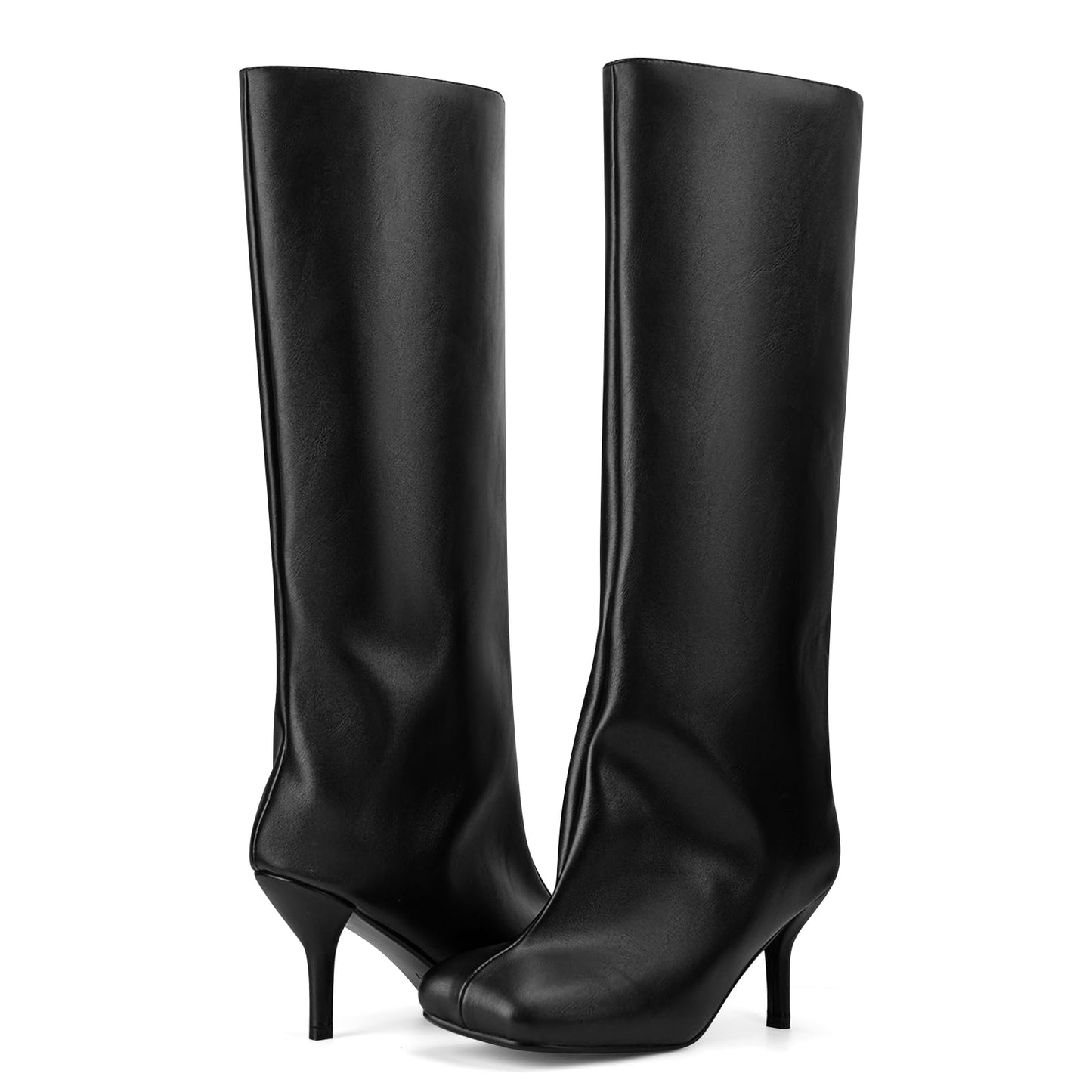 VOZTOLLS Black Knee High Boots for Women Square Toe Leather High Heel Tall Boots Stylish Casual Wide Calf Fall Boots Black