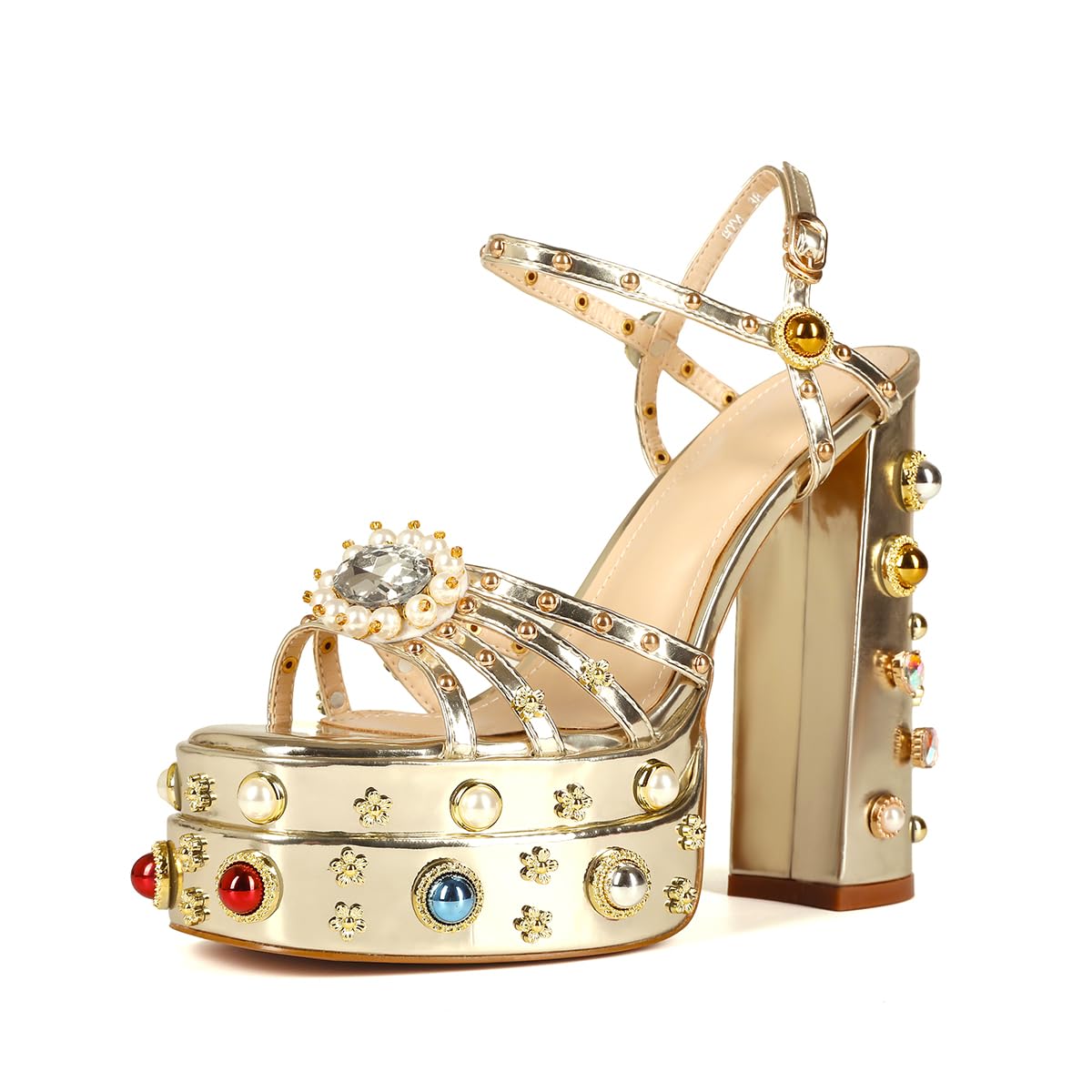 Gold Feinlina Women Rhinestone High Chunky Platform Heel
