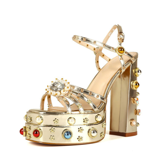 Gold Feinlina Women Rhinestone High Chunky Platform Heel