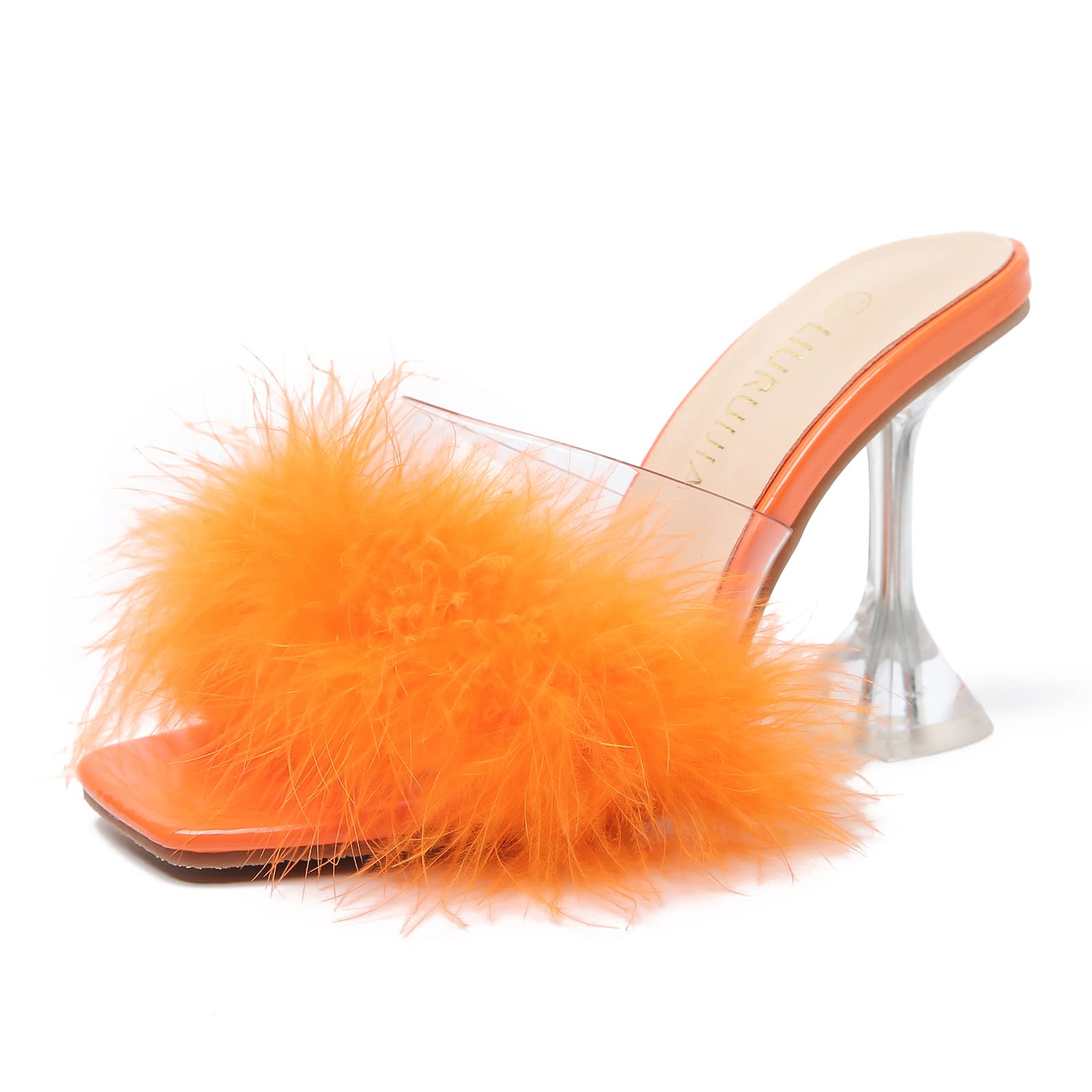 LIURUIJIA Women's Square Toe Feather Fluffy Fuzzy Heels High Heeled Dress Sandals Wedding Bridal Party Shoes Orange