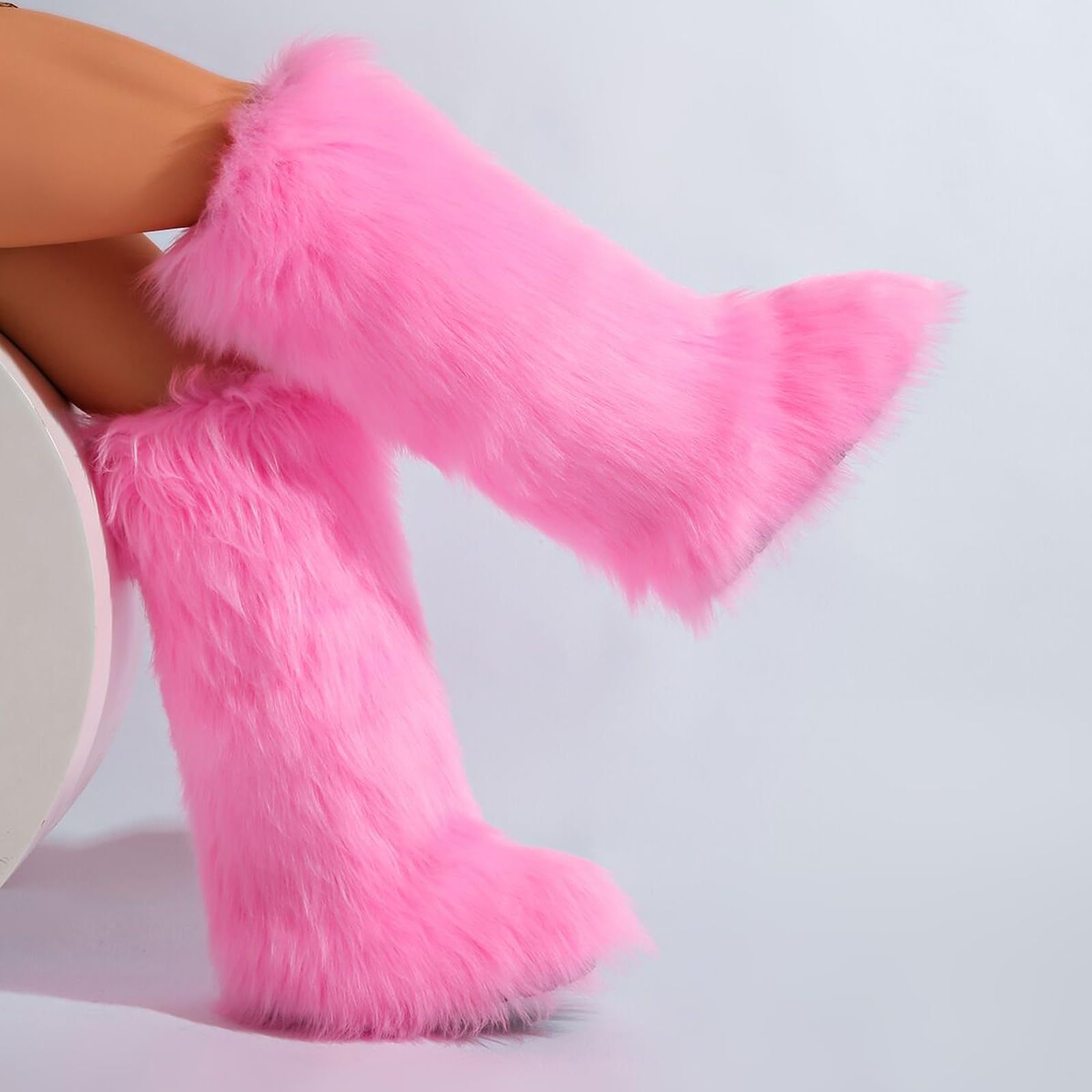 Valpeak Womens Faux Fur Boot Winter Fluffy Long Furry Boots for Girls Outdoor Fuzzy Knee-High Boots Pink