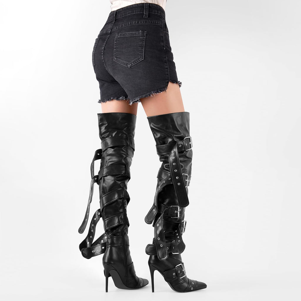 onlymakerheels Multi Buckle Strap Over the Knee Pointed Toe Belts Stiletto Heeled Booty Thigh High Black Size12
