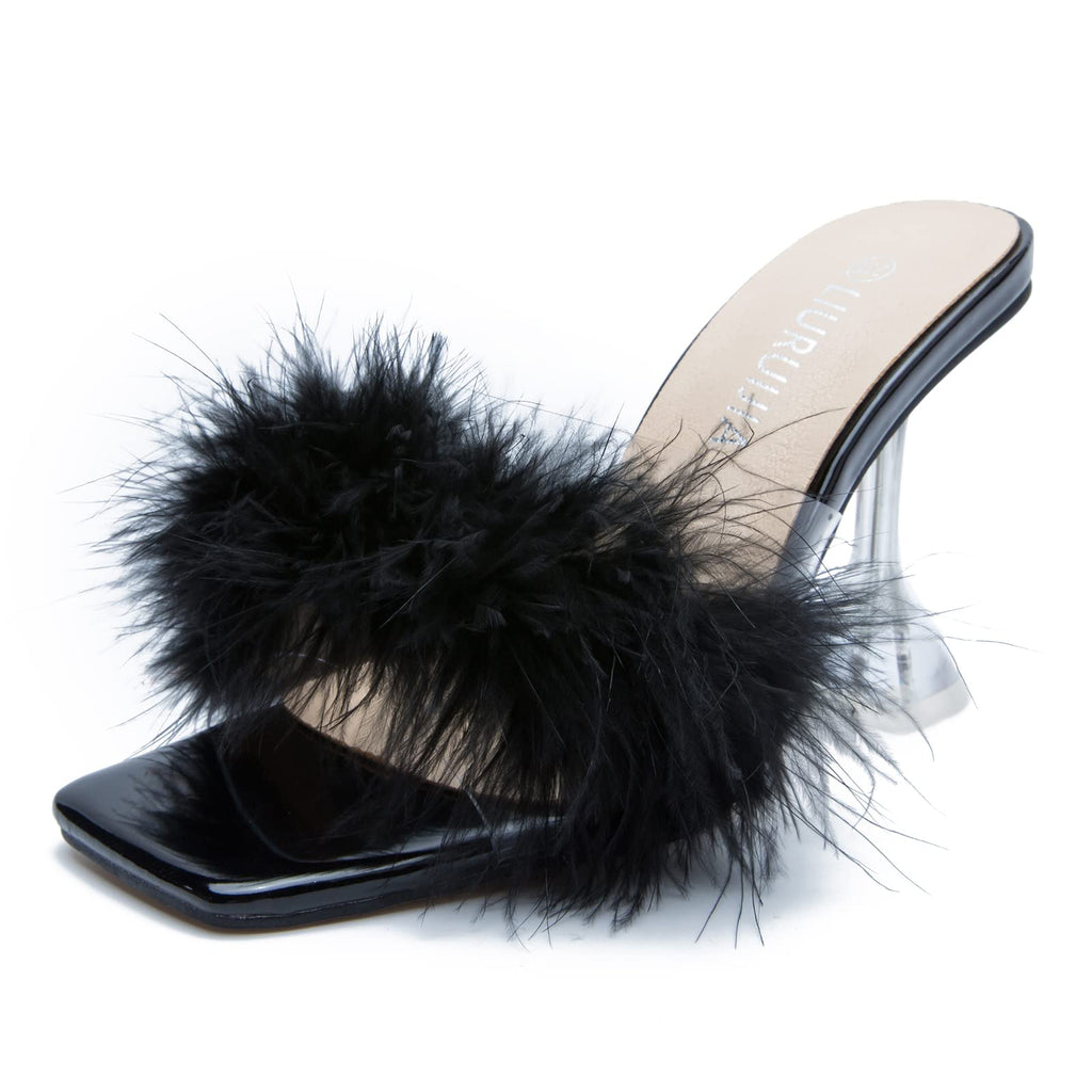 LIURUIJIA Feather High Heel Mules Sandals for Women Slip On Square Toe Clear Tapered Chunky Heels Fuzzy Fluffy Bridal Wedding Party Sexy Shoes Black