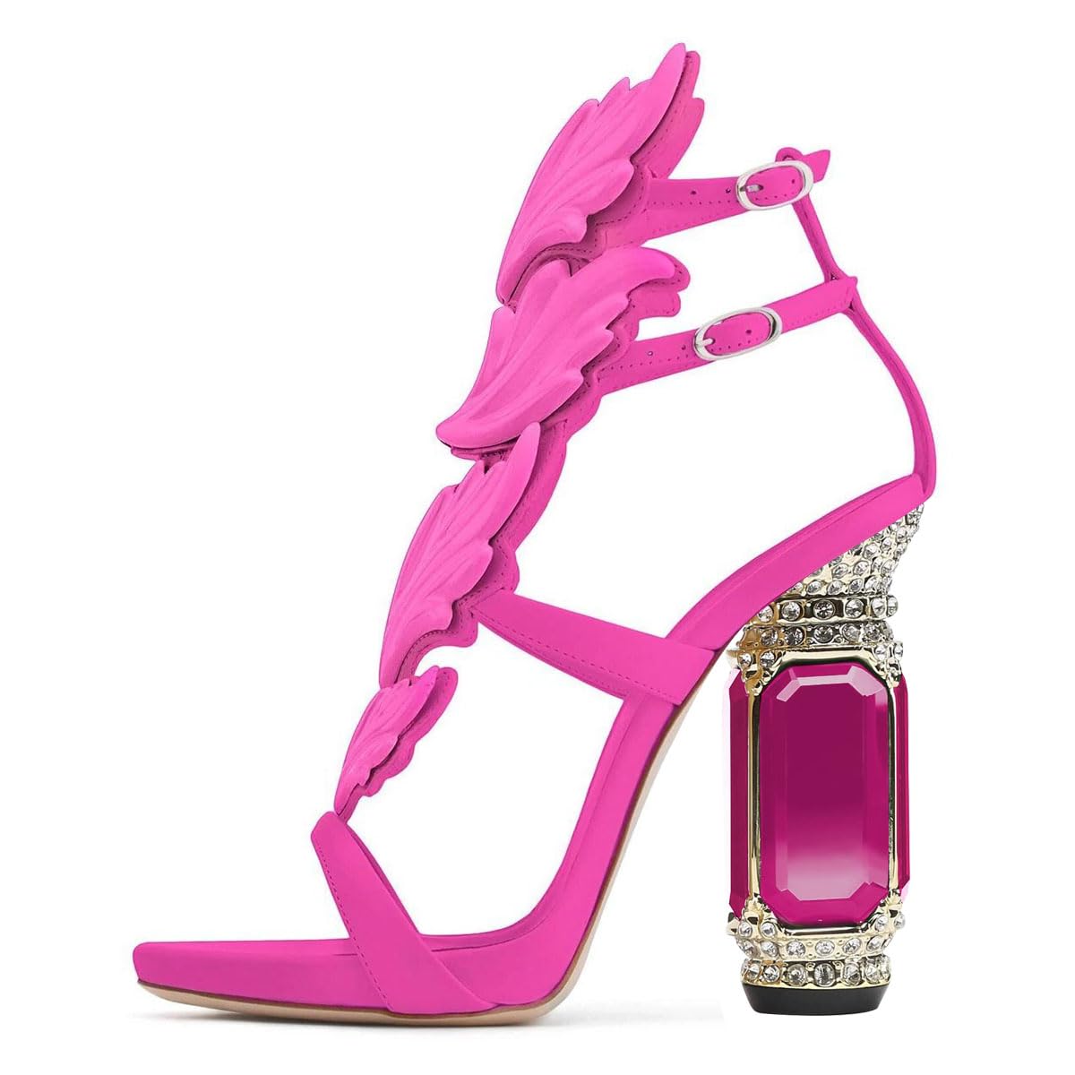 FSJ Women Open Toe Stylish Sandal Ankle Strap Chunky Block High Thick Heels Wedding Party Ballroom Prom Shoes Size 11 Pink Flame
