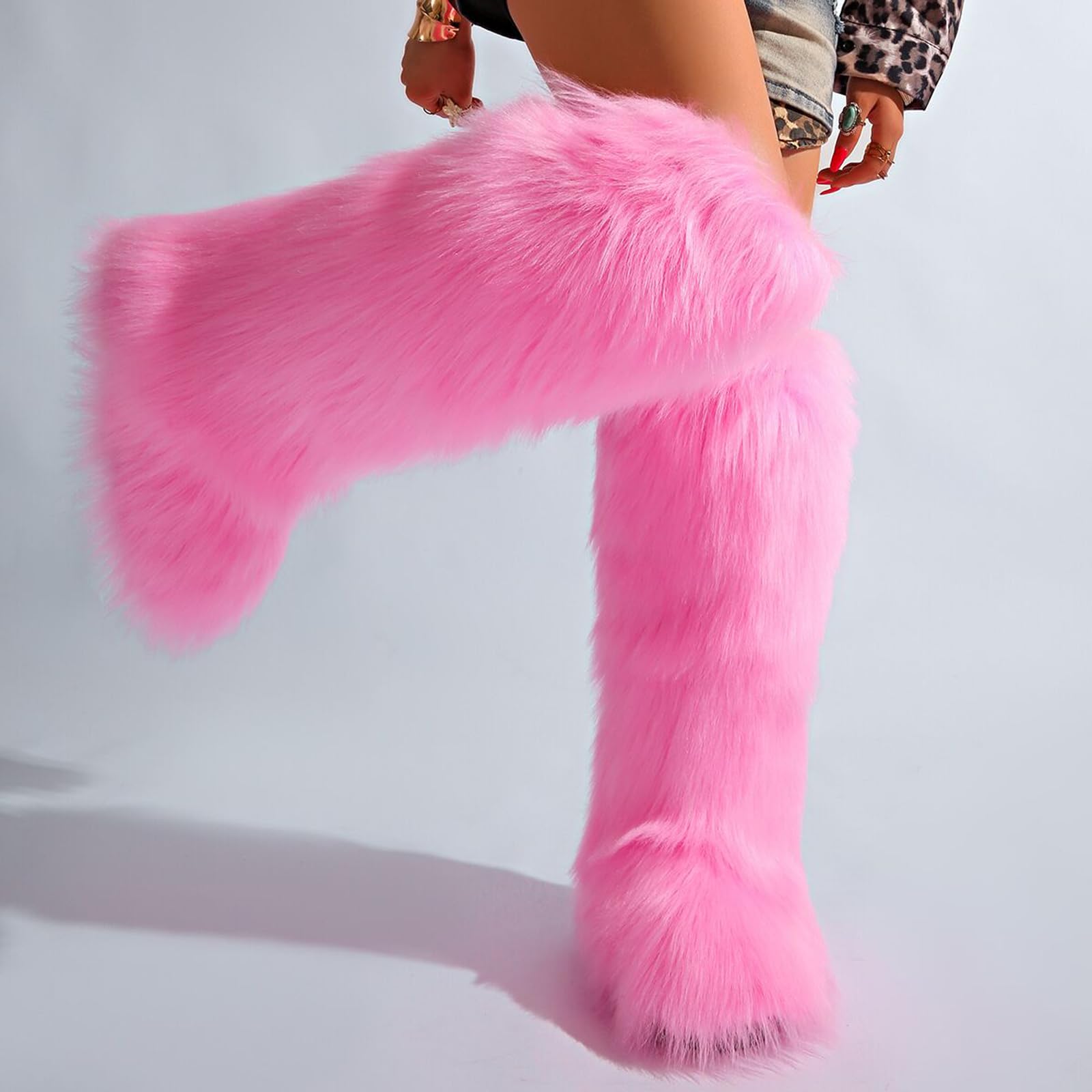 Valpeak Womens Faux Fur Boot Winter Fluffy Long Furry Boots for Girls Outdoor Fuzzy Knee-High Boots Pink