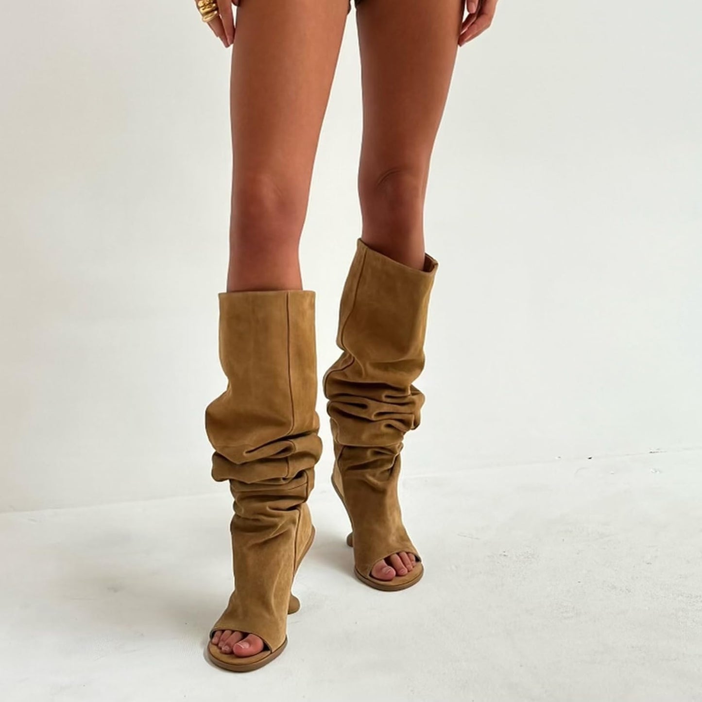 Kapxumo Women's Suede Knee High Boots Open Square Toe Pull On Slouchy Under the Knee Boots Wedge Heel Wide Calf Boots Fashion Dress Party Camel Boot