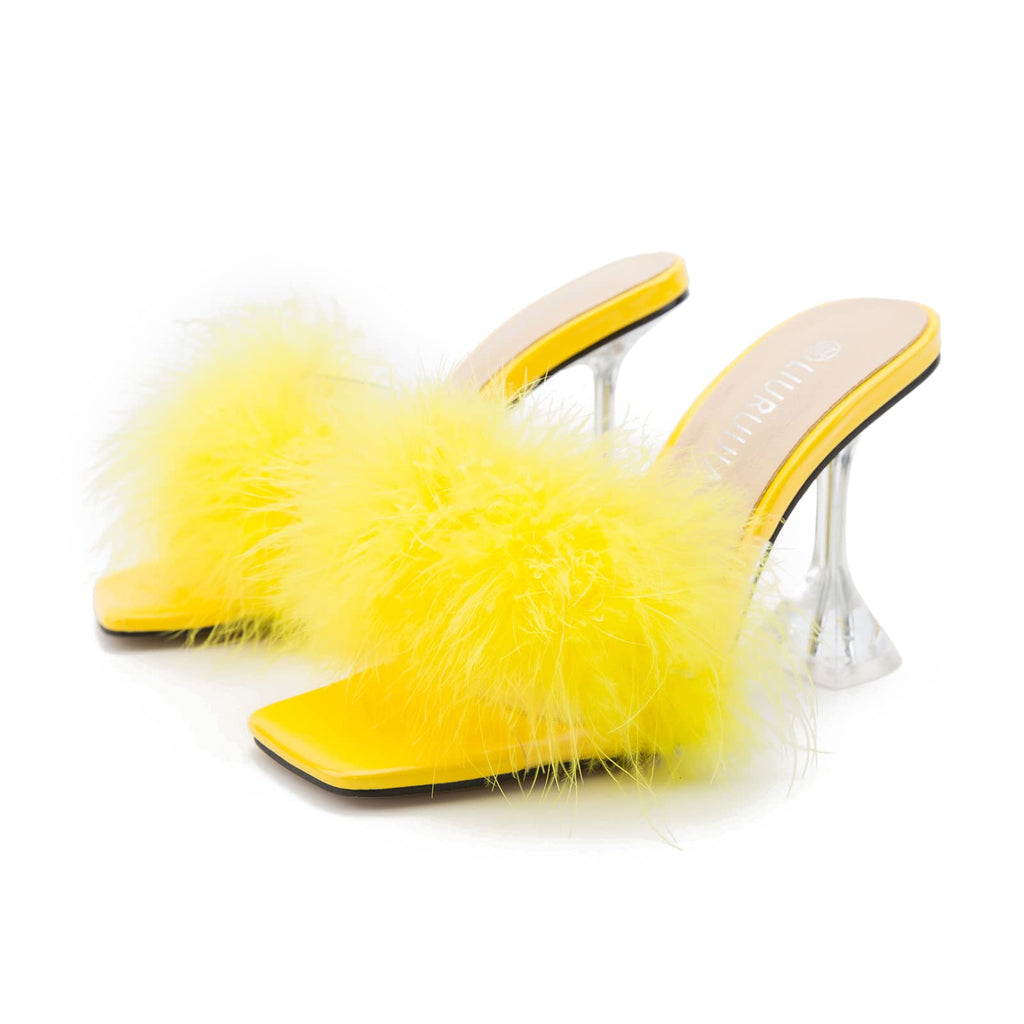 LIURUIJIA Women's Square Toe Feathers High Heels Fur Mules Sandals Fuzzy Fluffy Wedding Bridal Party Dress Shoes Yellow