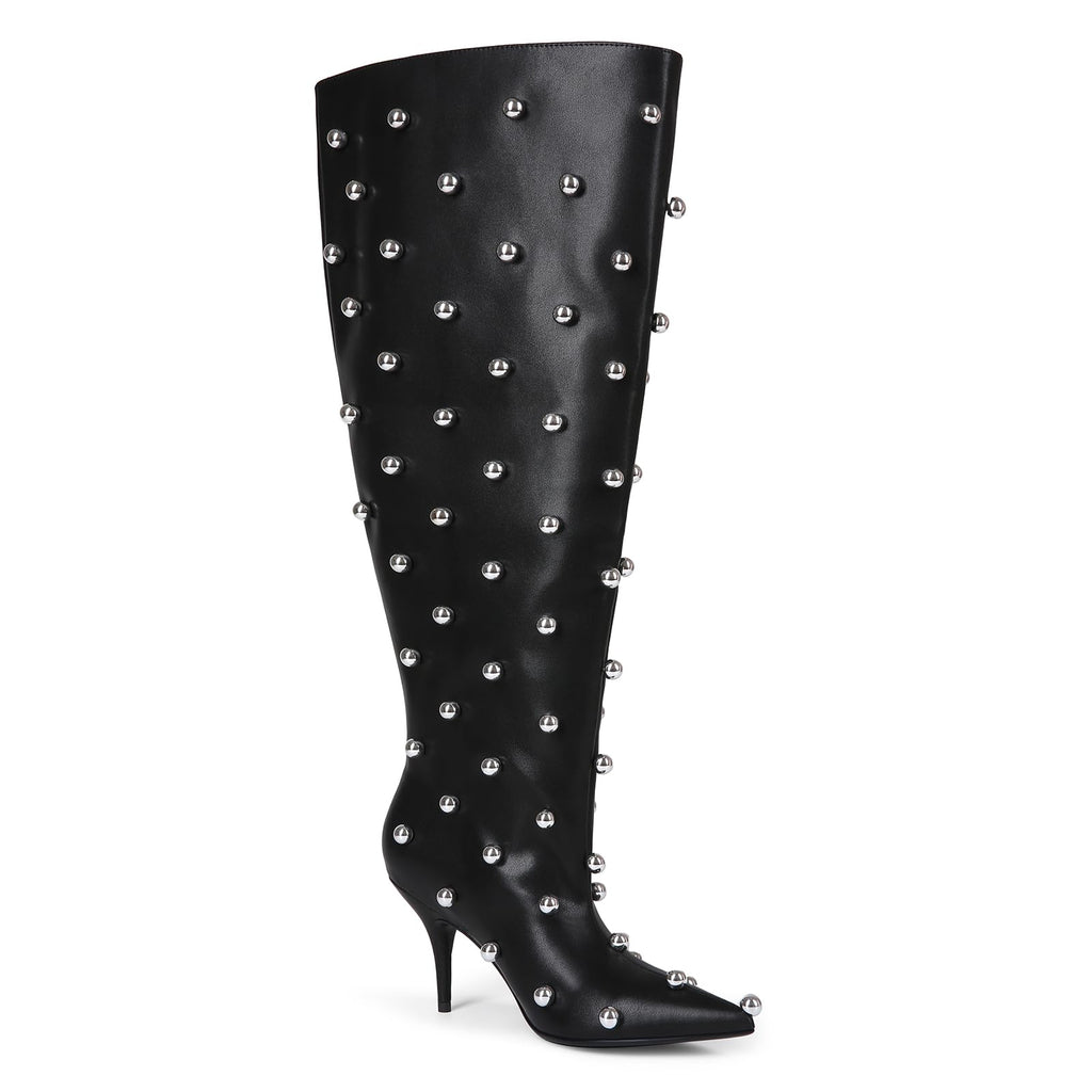 USRUNOE Wide Calf Boots for Women 3.4 Inch Stiletto Heels Knee High Pointed Toe Studded Black Pull On Fashion Tall Boots Y2K Style Comfortable