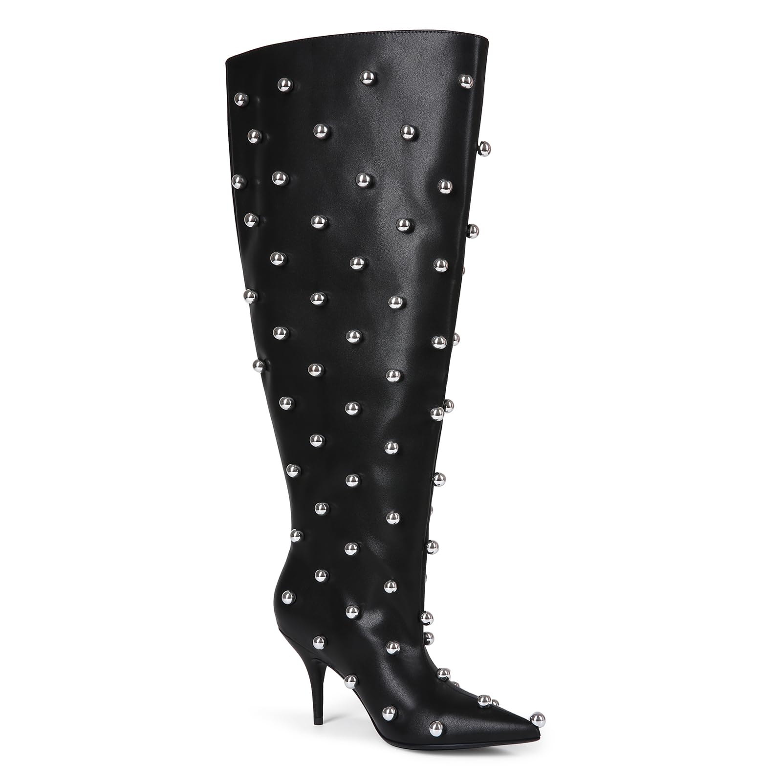 USRUNOE Wide Calf Boots for Women 3.4 Inch Stiletto Heels Knee High Pointed Toe Studded Black Pull On Fashion Tall Boots Y2K Style Comfortable