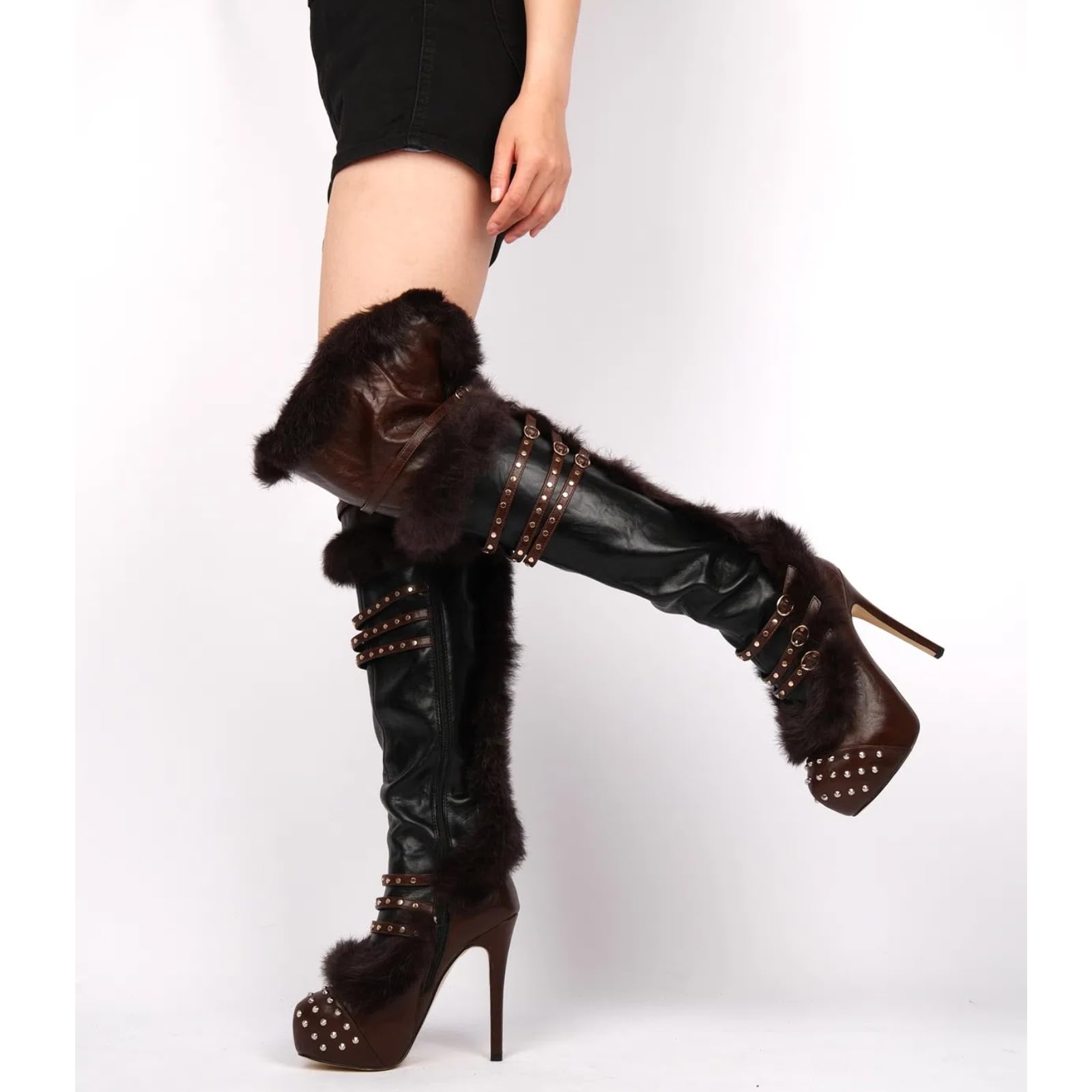 Rhineshell Women's Platform Thigh High Boots Round Closed Toe Studded Faux Fur High Heels Buckles Stilettos Side Zipper Long Boot Black Brown Size 15