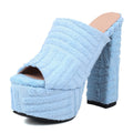 CoceMoce Gorgeous Thick Chunky Heel Slide Sandals for Women Blue Peep Toe Platform Slip-on Backless High Heeled Mules Dressy Shoes Club Party Events Prom